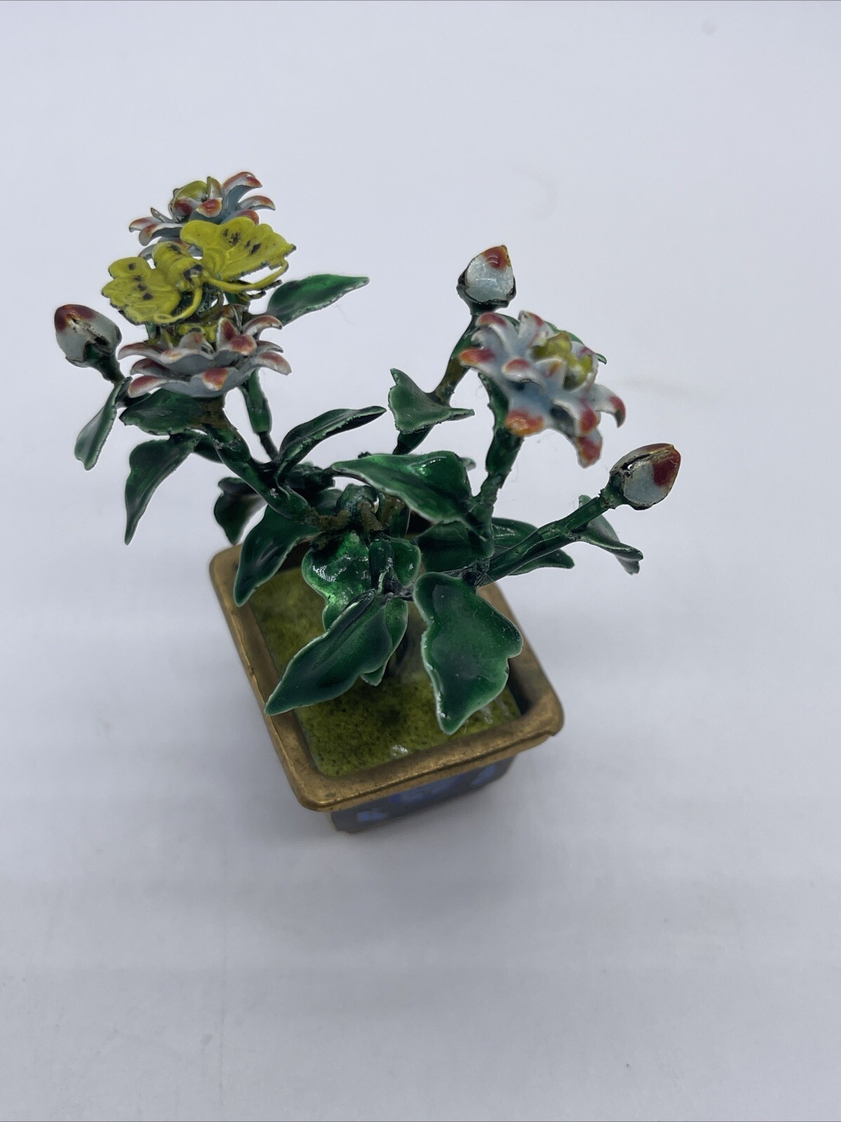 VINTAGE CHINESE METAL GUILLOCHE ENAMEL BONSAI TREE & FLOWERS with CLOISONNE POT