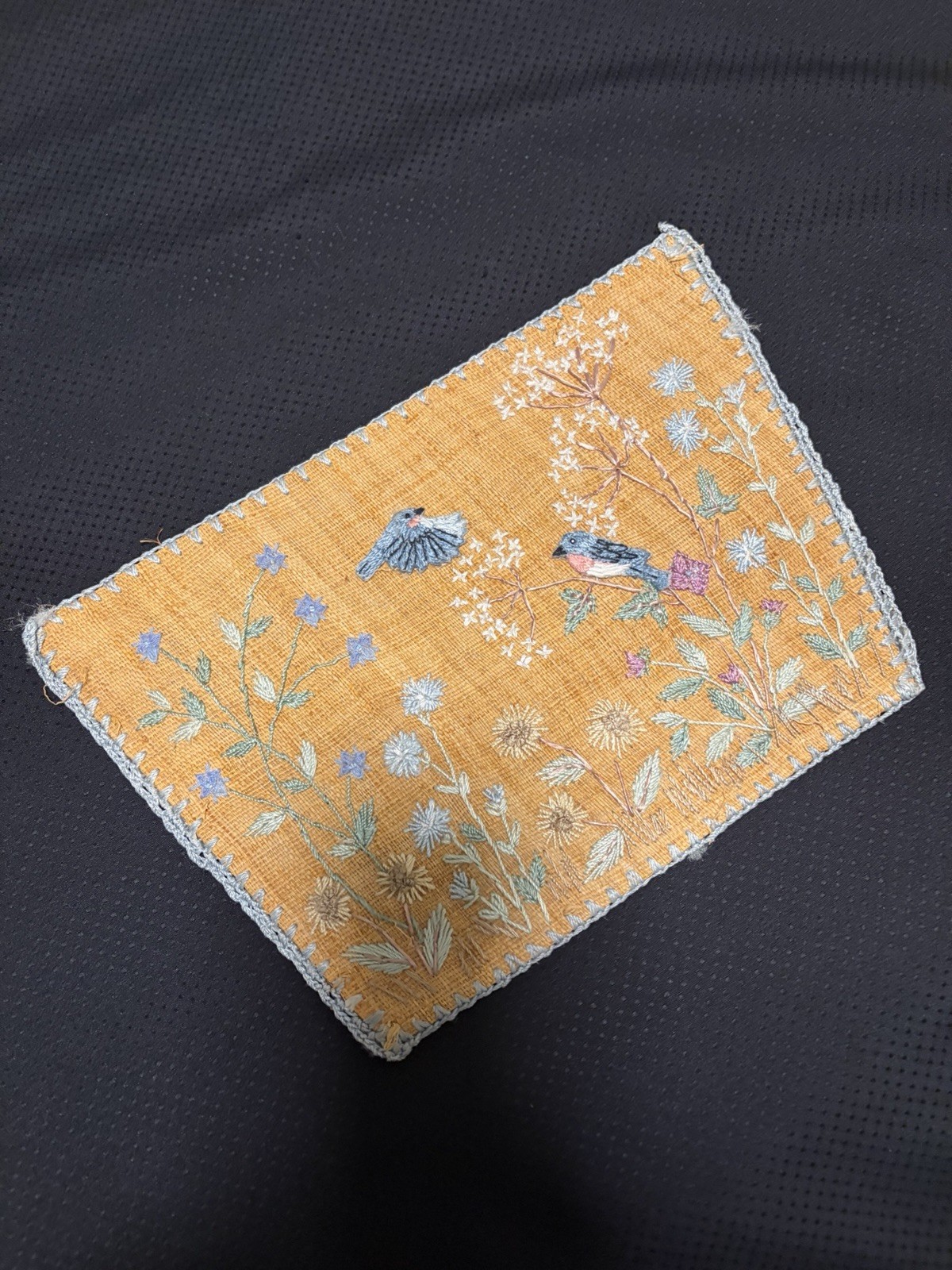 Antique Asian Embroidered Burlap Blue Bird Floral Panel 11″ Micro Bead Hemstitch