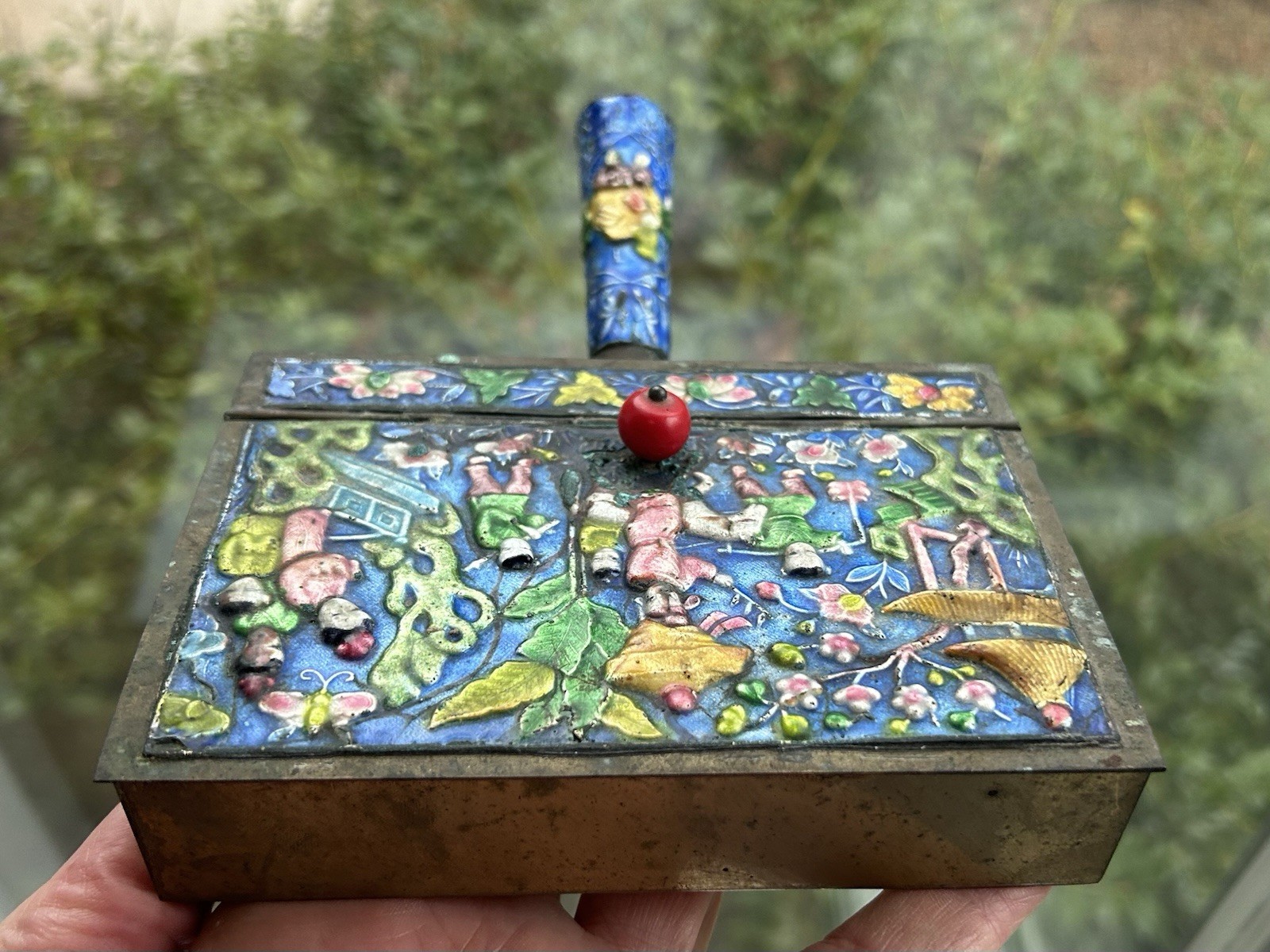 Antique Chinese Enameled Brass Silent Butler, Ashtray, Crumb Catcher sgn China