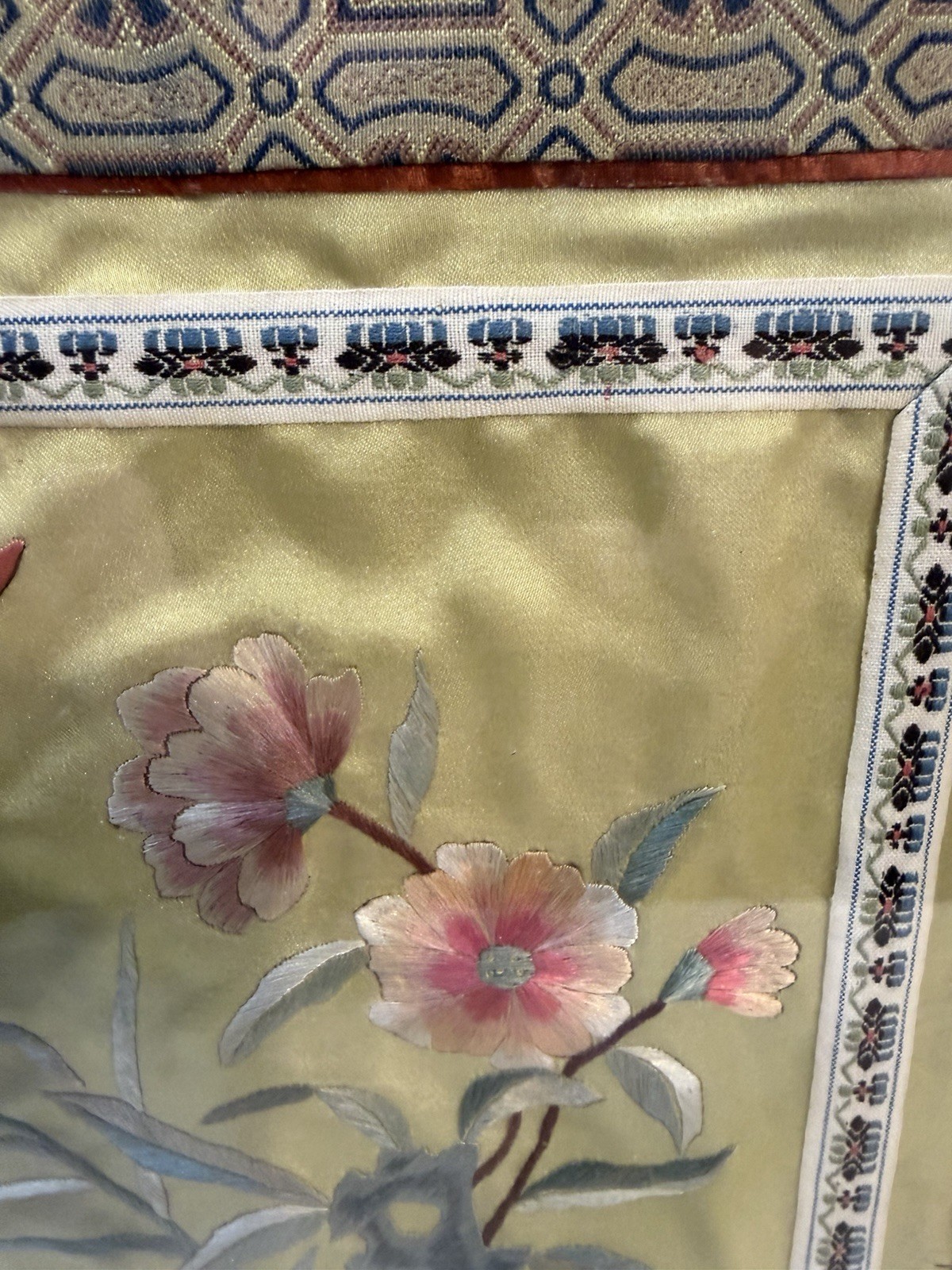 Vintage Bamboo Style Framed Chinese Silk Embroidered Panel Floral Art 12″