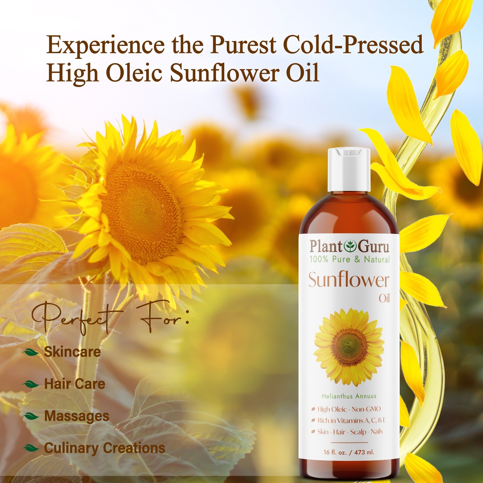 Sunflower Seed Oil 2 oz HIGH OLEIC Cold Pressed REFINED Seed 100% Pure Natural