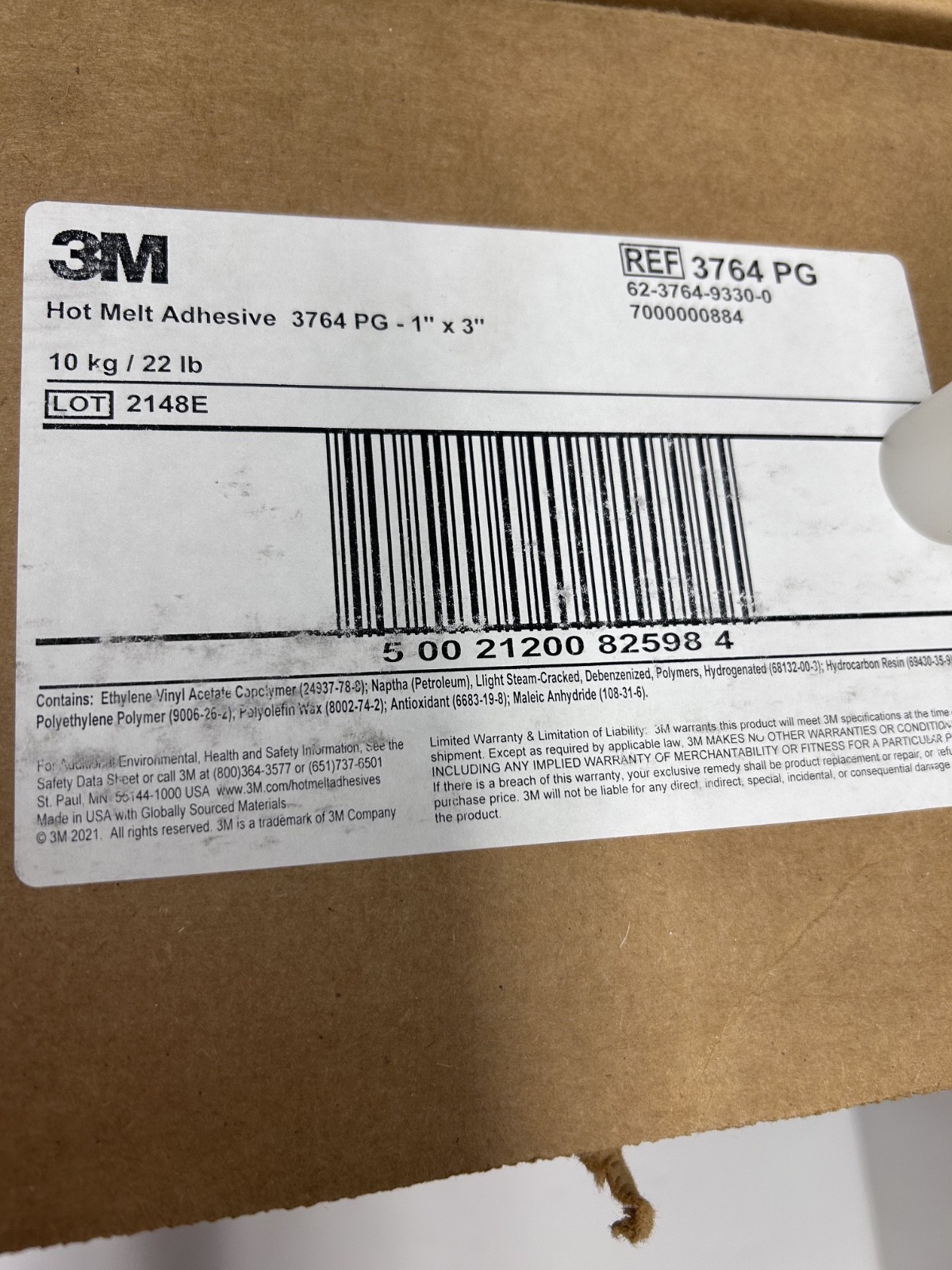 3M Hot Melt Adhesive 3764PG, Clear, 1 in x 3 in, 22 lb