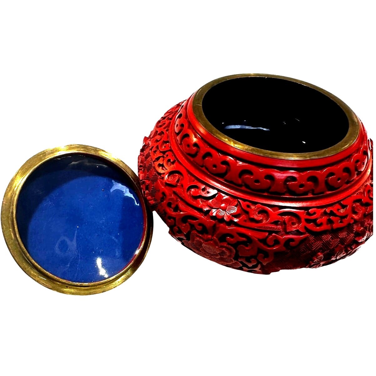 Antique Chinese Cinnabar Ornate Red Trinket Box Blue Enameled Brass Exquisite