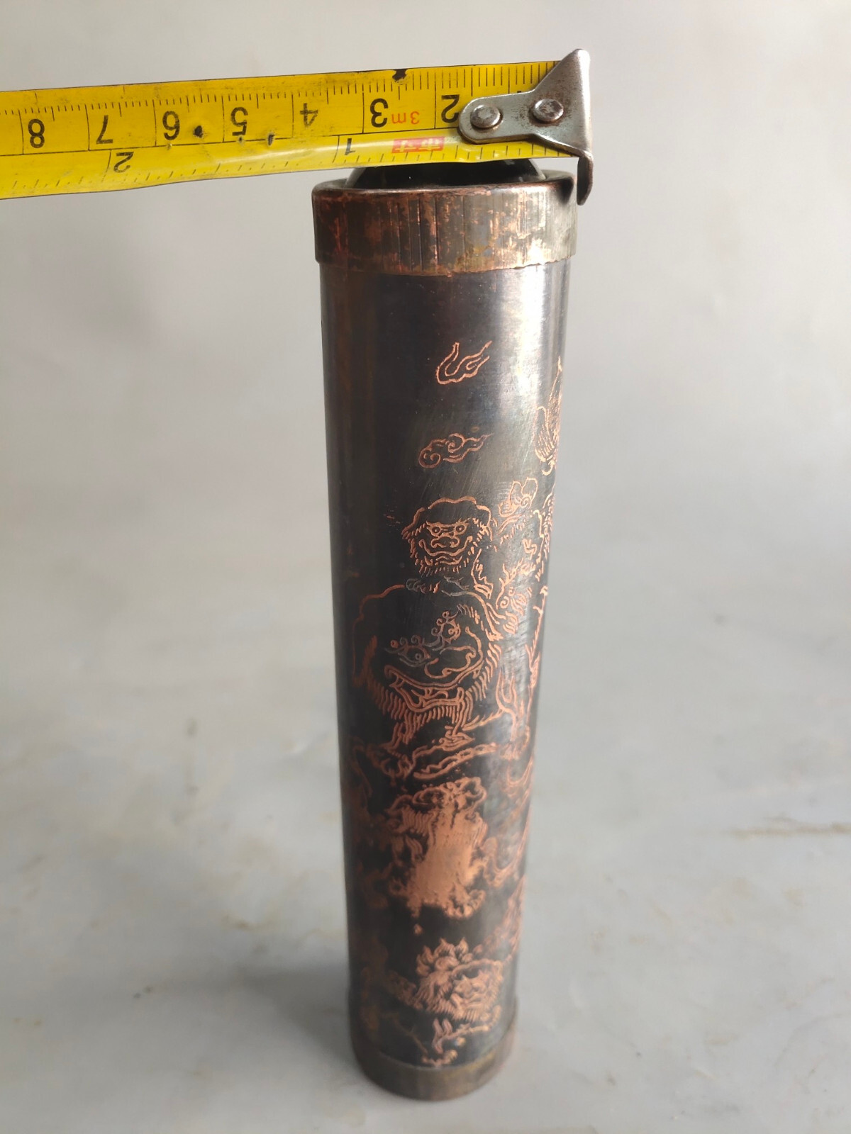 19cm old copper carved lion foo fu dog See Wonderful Scene optical kaleidoscope