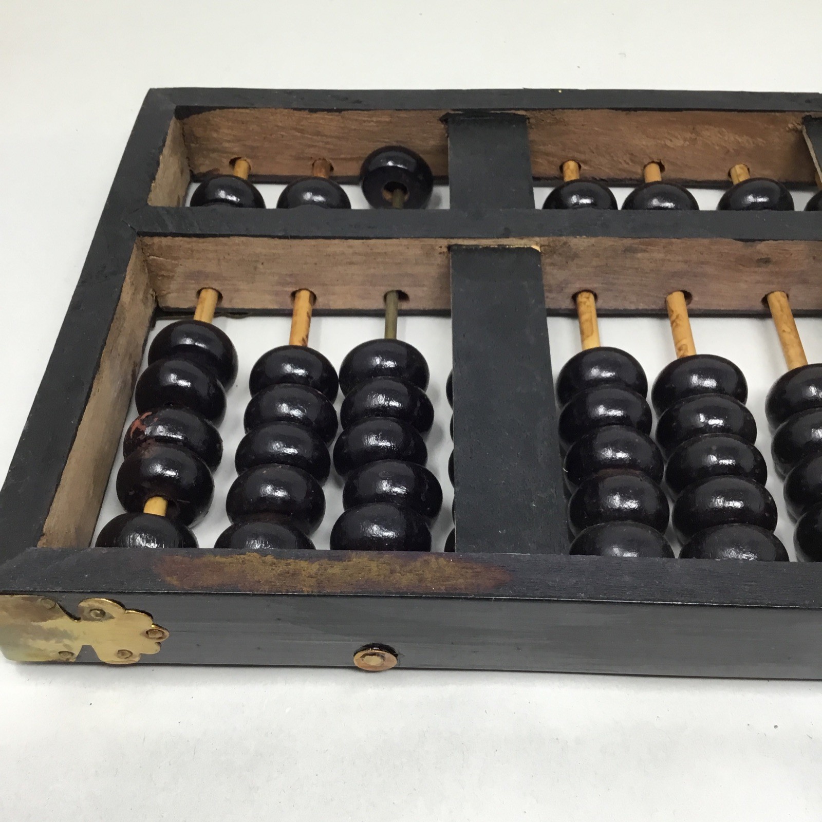 Vintage Chinese Abacus Wood & Brass Lotus Flower Brand Calculator 11 Row 77 Bead