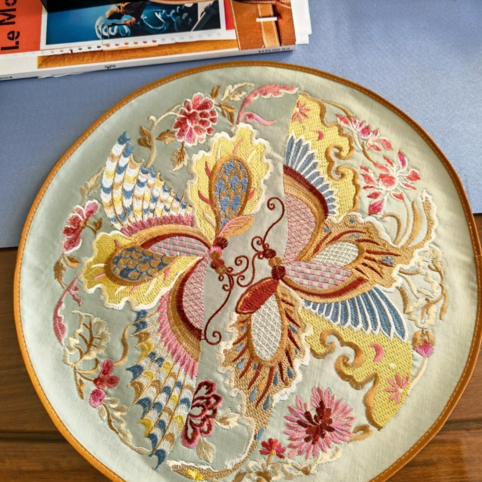 Chinese Embroidery Double Phoenix Round Placemat 37cm Non-Slip