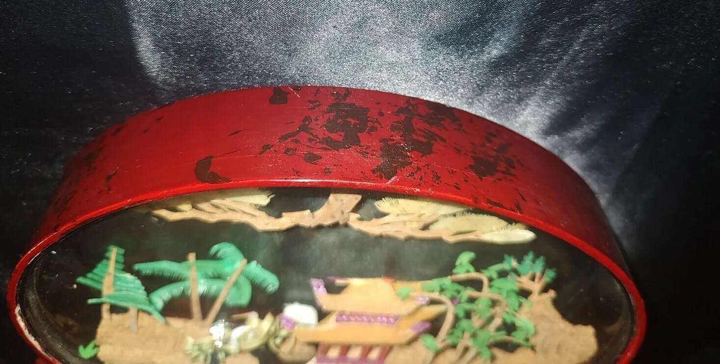 San You Chinese Carved Cork Art Oval Glass Black Lacquer on Wood Vintage