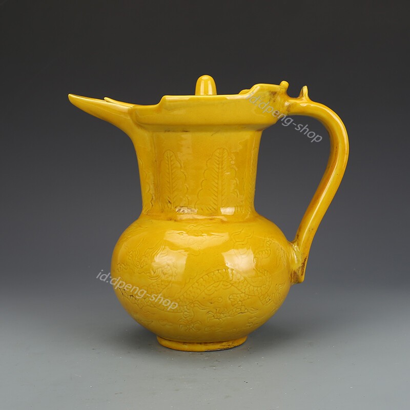 8.6″ China Ming Coke Yellow Glaze Porcelain Carve Animal Dragon Monk Hat Kettle