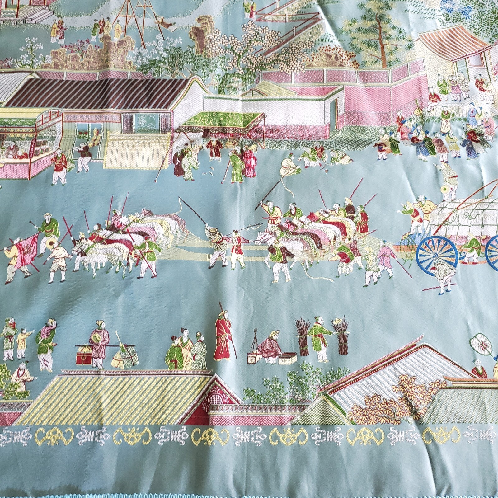 Vintage Gorgeous “Brocaded Flowers” Chinese Silk Tapestry Tablecloth 80″x54″