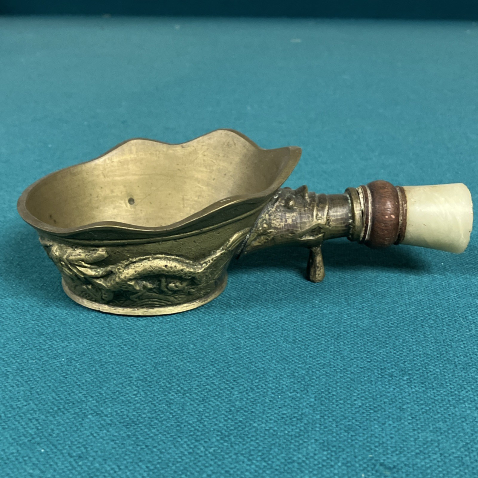 Chinese Brass Silk Iron with Jade Handle and Dragon Motif, ~6 Inch