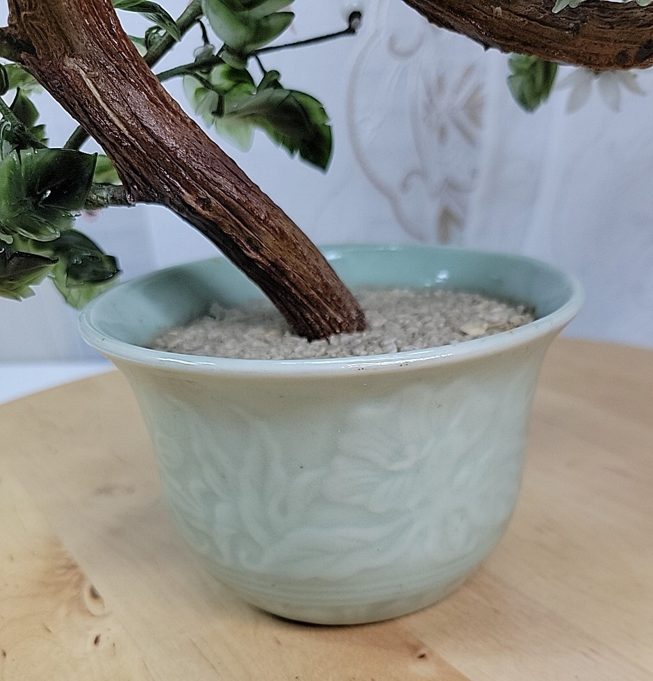 VTG Chinese Flowering Plastic Glass Jade Bonsai Tree Celadon Porcelain Cachepot