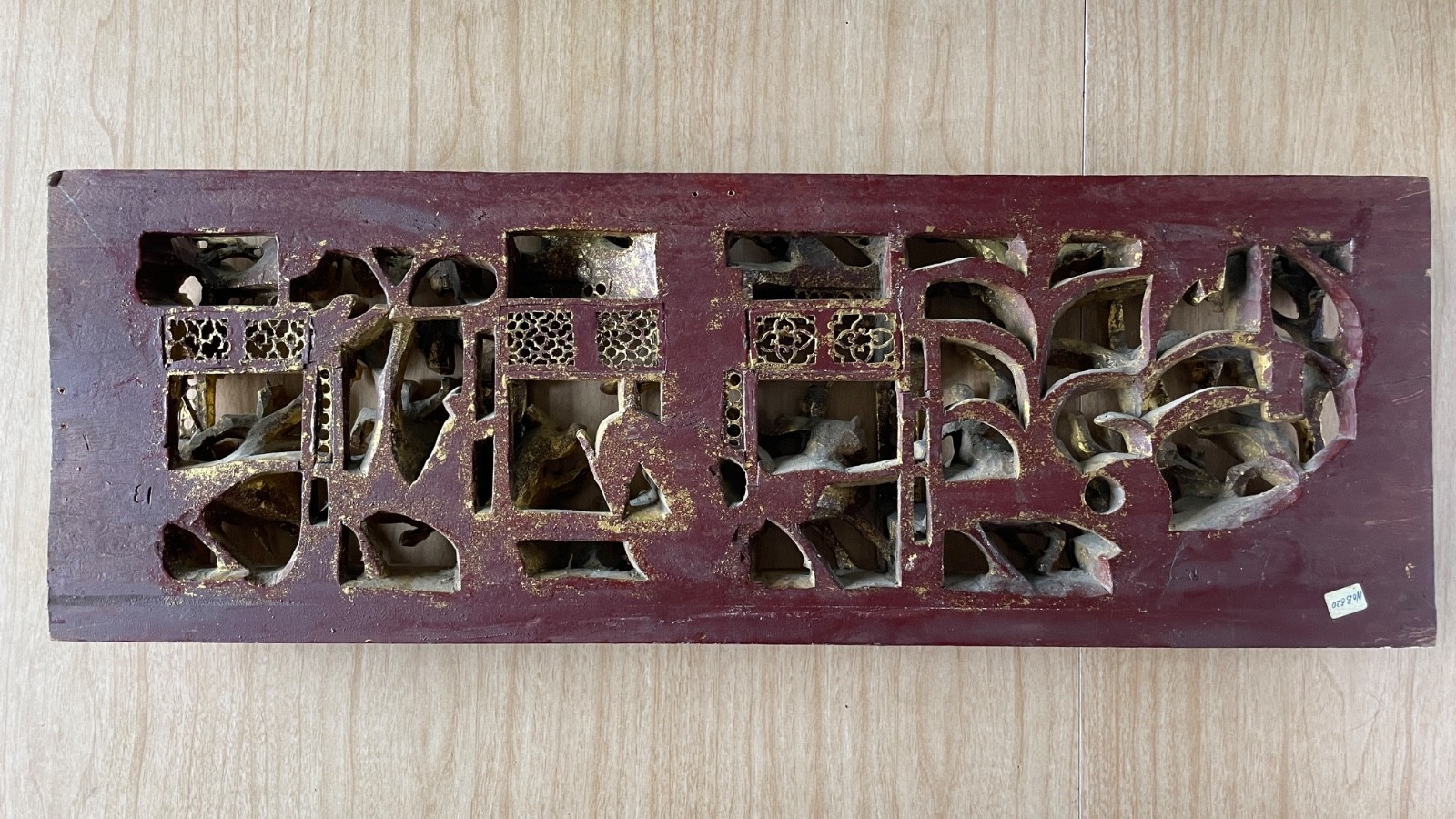 Chinese Gold Gilt Wood Carved Relief Panel Temple Boat Warriors Horses 27×9