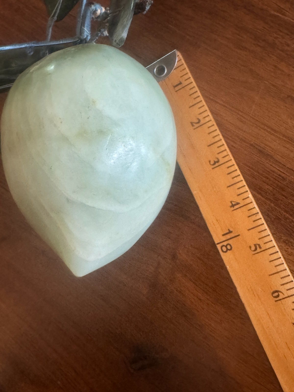 Vtg 5″ Asian Carved Green Jade Peach/Plum with Leaves Hard Stone READ