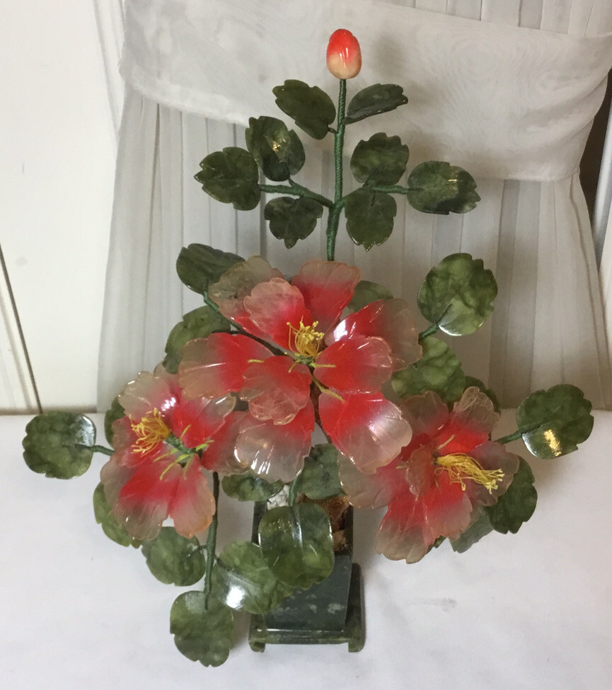 Vintage Chinese Hand Carved Jade Pink Flowering Bonsai Tree Plant14.5”H x 14”W