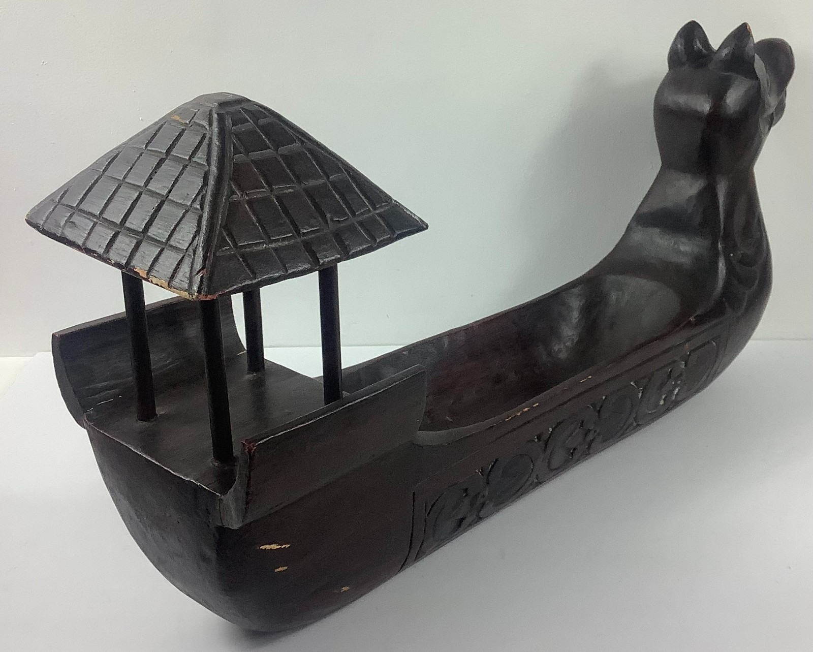 Vtg Wooden Asian Dragon Boat Decorative Centerpiece Display Tray Bowl 24″x6.75″x