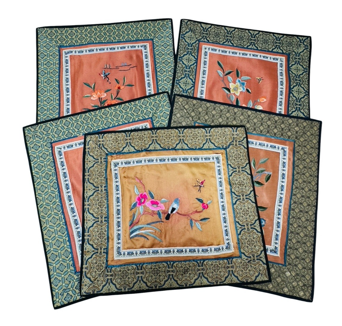 5 COLORFUL SILK PLACE MATS W/FLORAL EMBROIDERY, MADE IN CHINA, 11″ X 10″