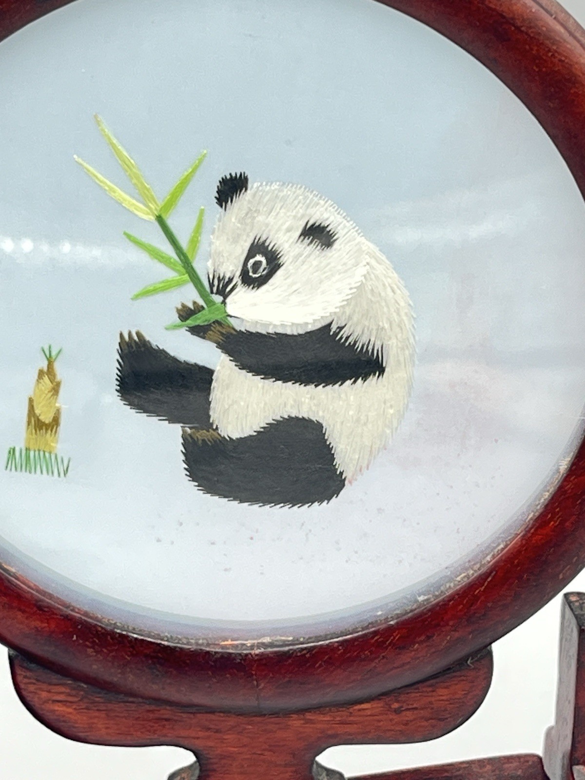 ASIAN Chinese Panda Double Sided Silk Embroidery Wooden Screen – Read