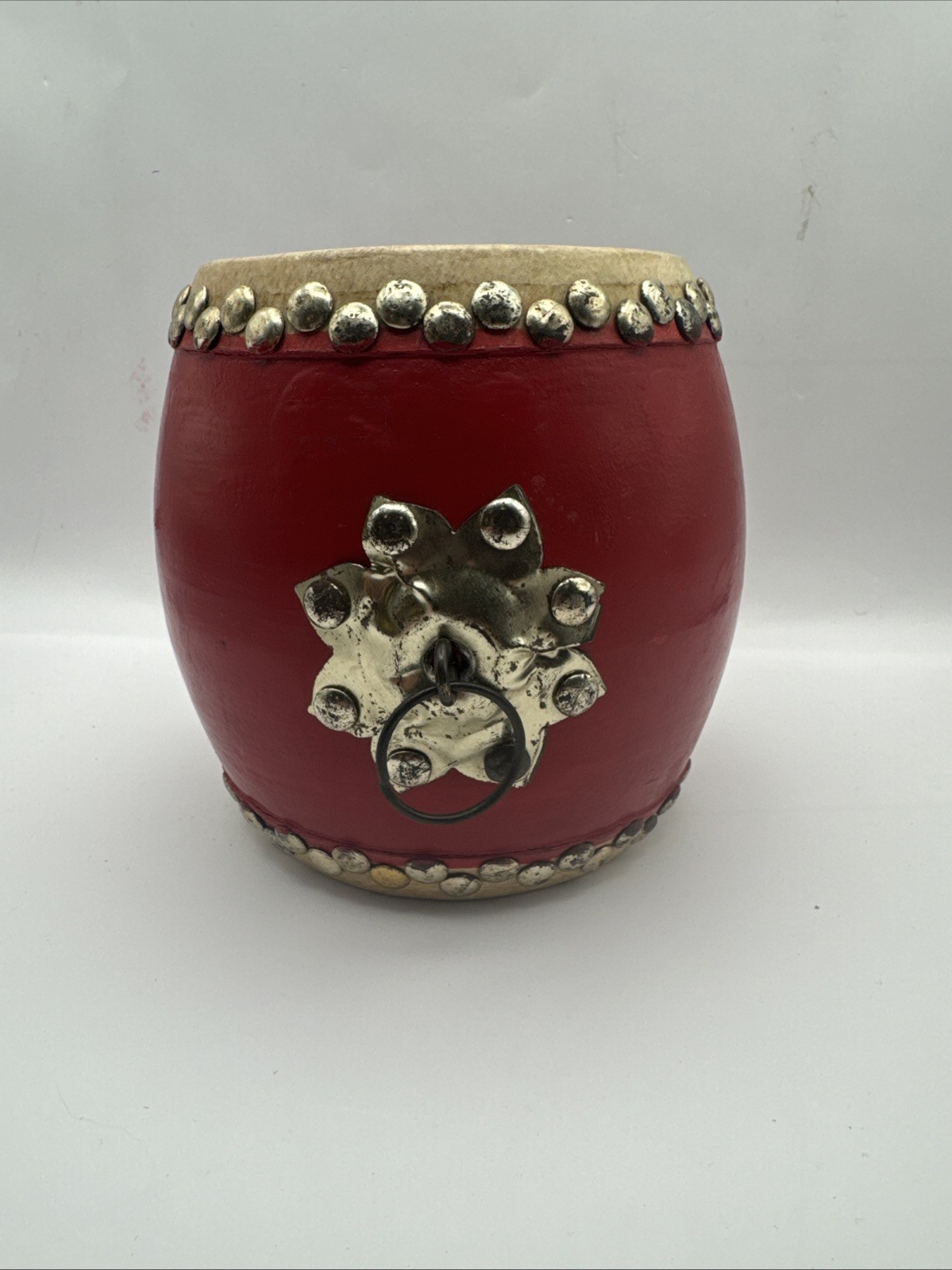 20th Century Chinese Traditional Small Red Tanggu. Wood, Cowhide, Metal 6×6 In.
