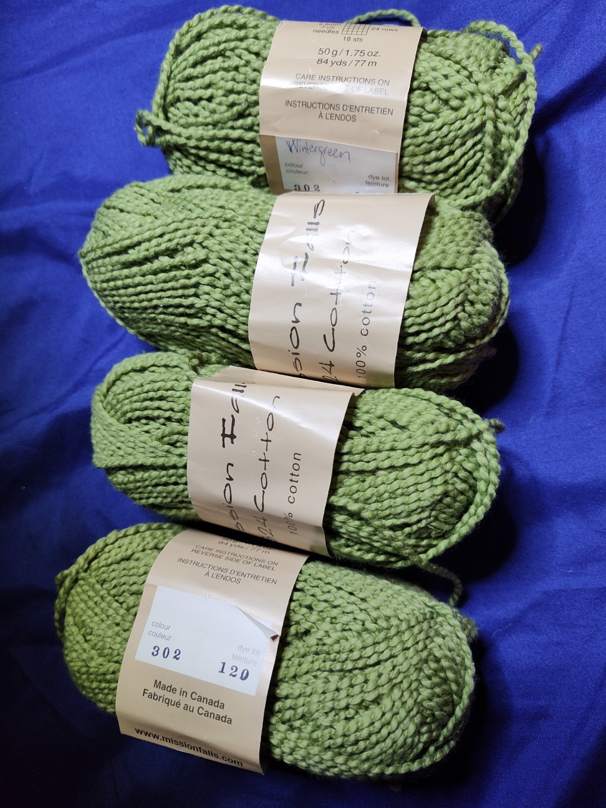 4 Skeins Mission Falls Cotton Yarn 100% 302 Wintergreen