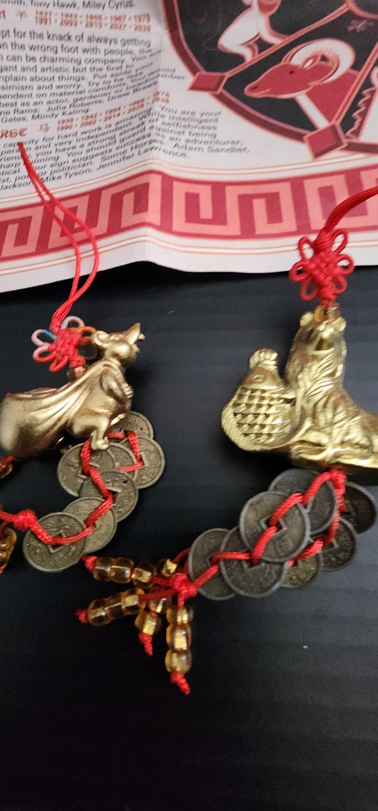 Chinese NEW YEAR Paper Placemat And 5 Brass Tone Figurines