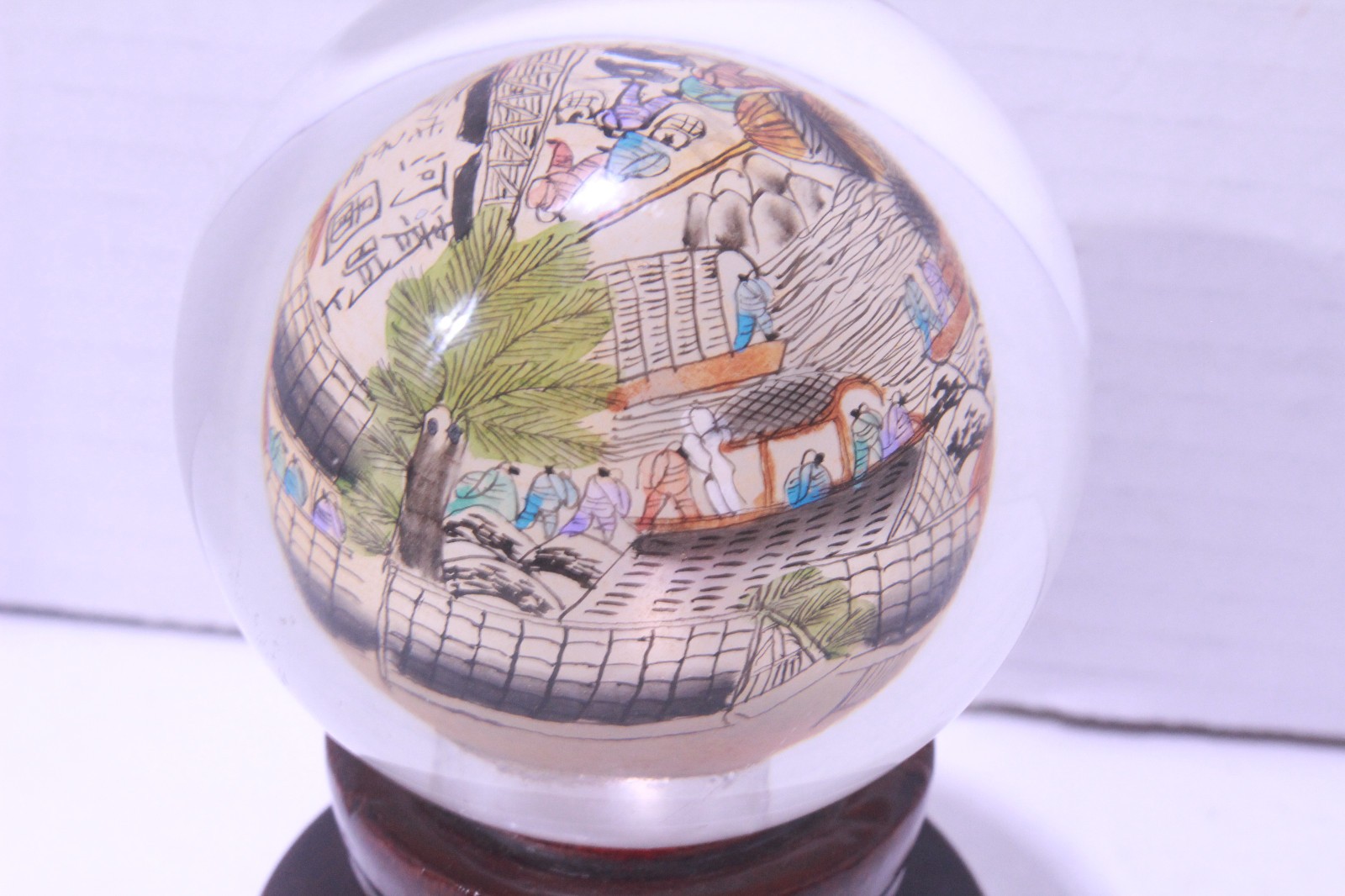 Qingming Festival River Map Reverse Hand Painted Glass Ball W Stand Paperweight