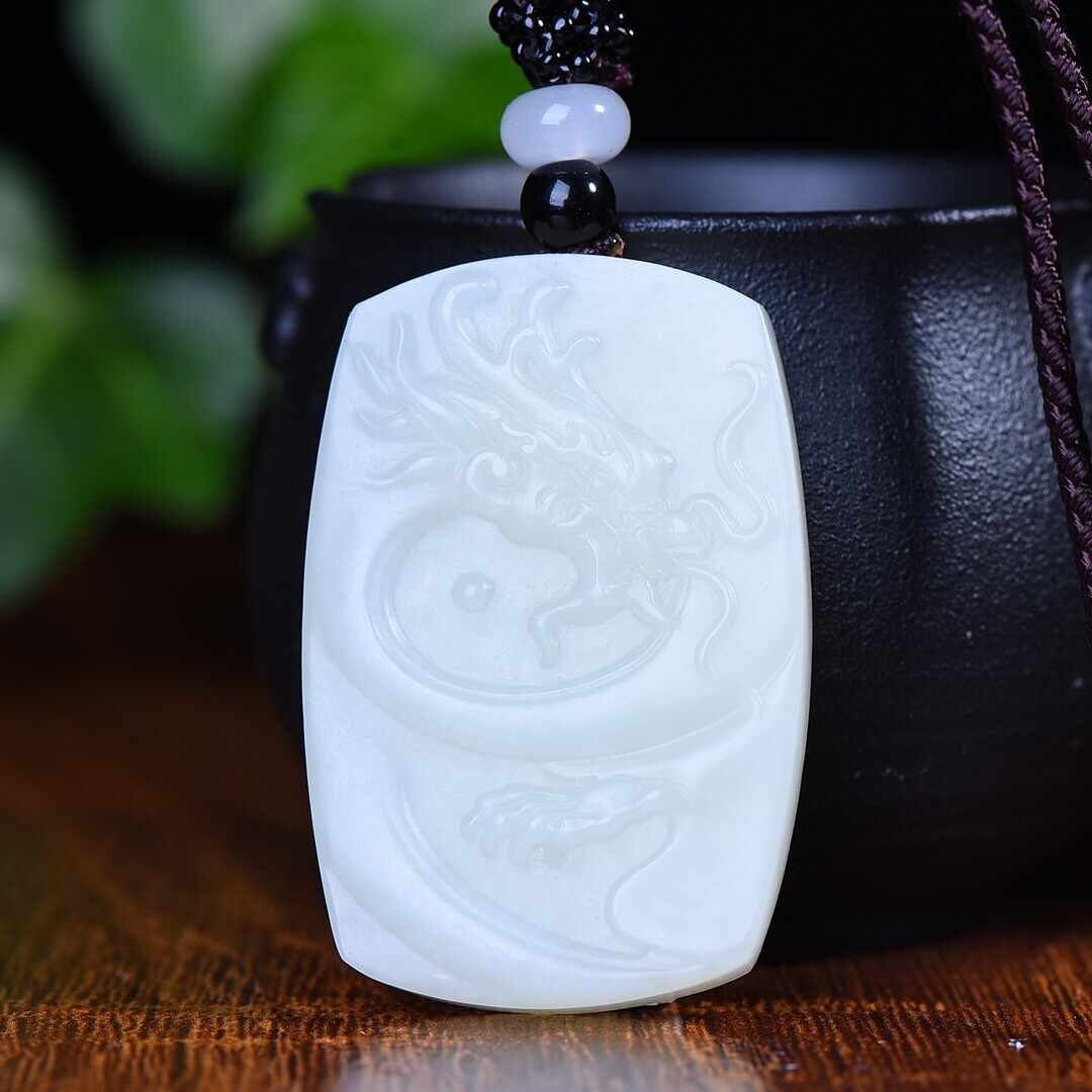 Chinese Hetian White Jade Hand Carving Animal Dragon and Phoenix Pendant Pair