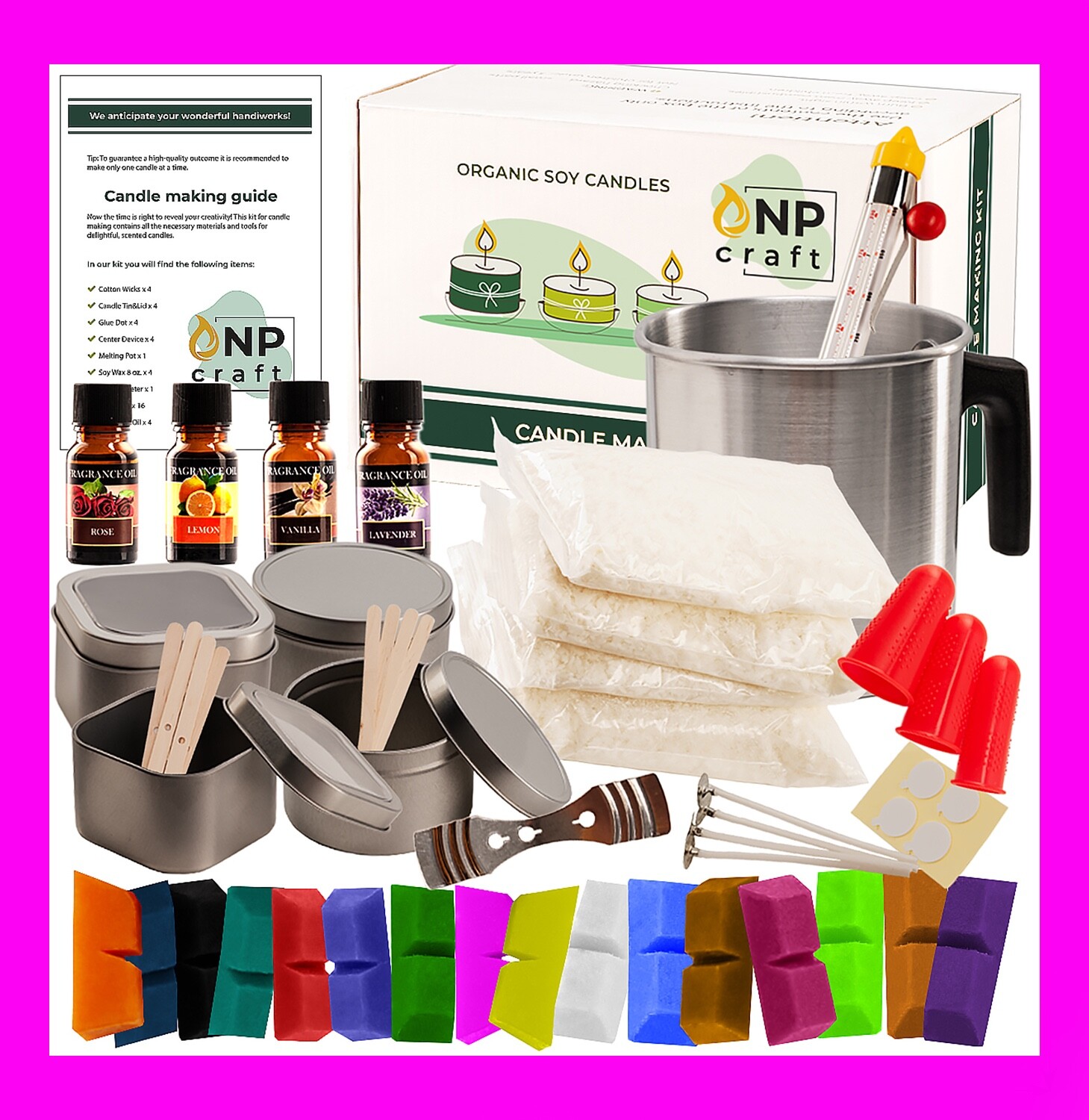 Candle Making Kit, Soy Wax Flakes, Wicks, Pitcher, Fragrance Oil, 16 Color Dyes