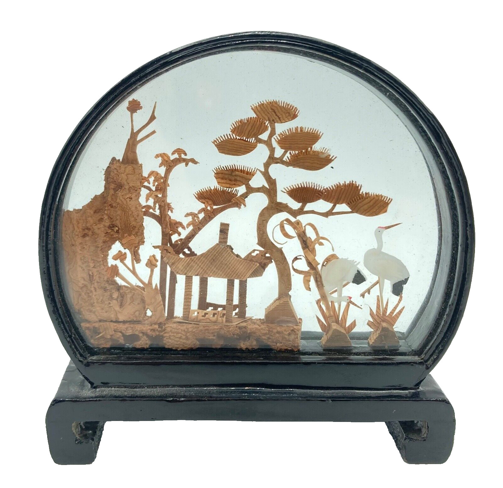 Carved Cork Diorama Vintage Hand Made Art Pagoda Cranes Trees 4″ Tall