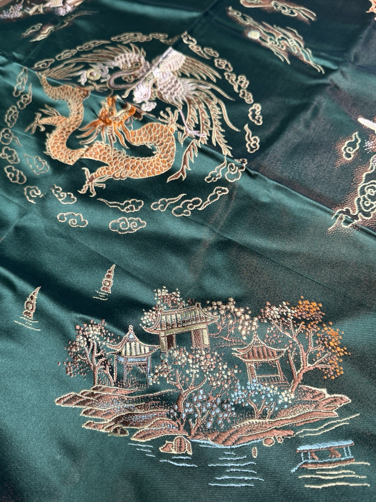 VTG Hangzhou Chinese Silk Brocade Piano Scarf Dragon Phoenix Tablecloth 48”