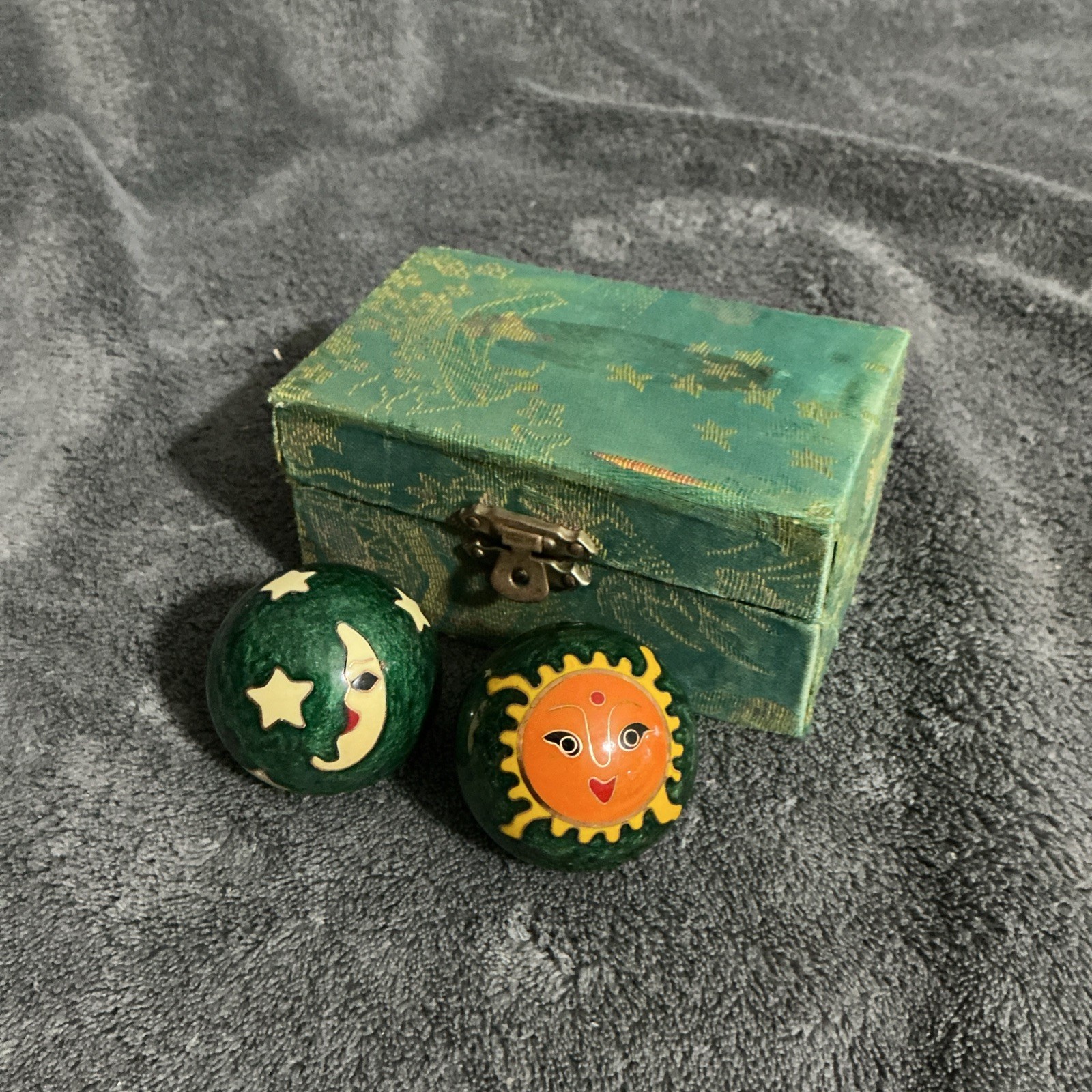 Set of 2 Vintage Chinese Baoding Sun and Moon Iron Balls 5” Green Box Included