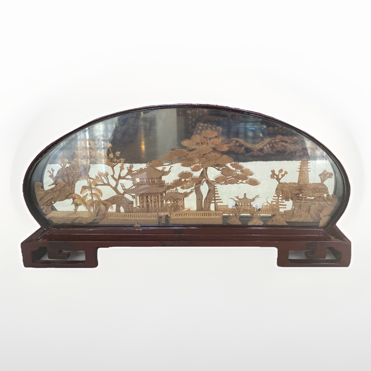 Vintage Large Chinese Cork Art In Glass Box Birds Garden Soothing Scenery 14” L