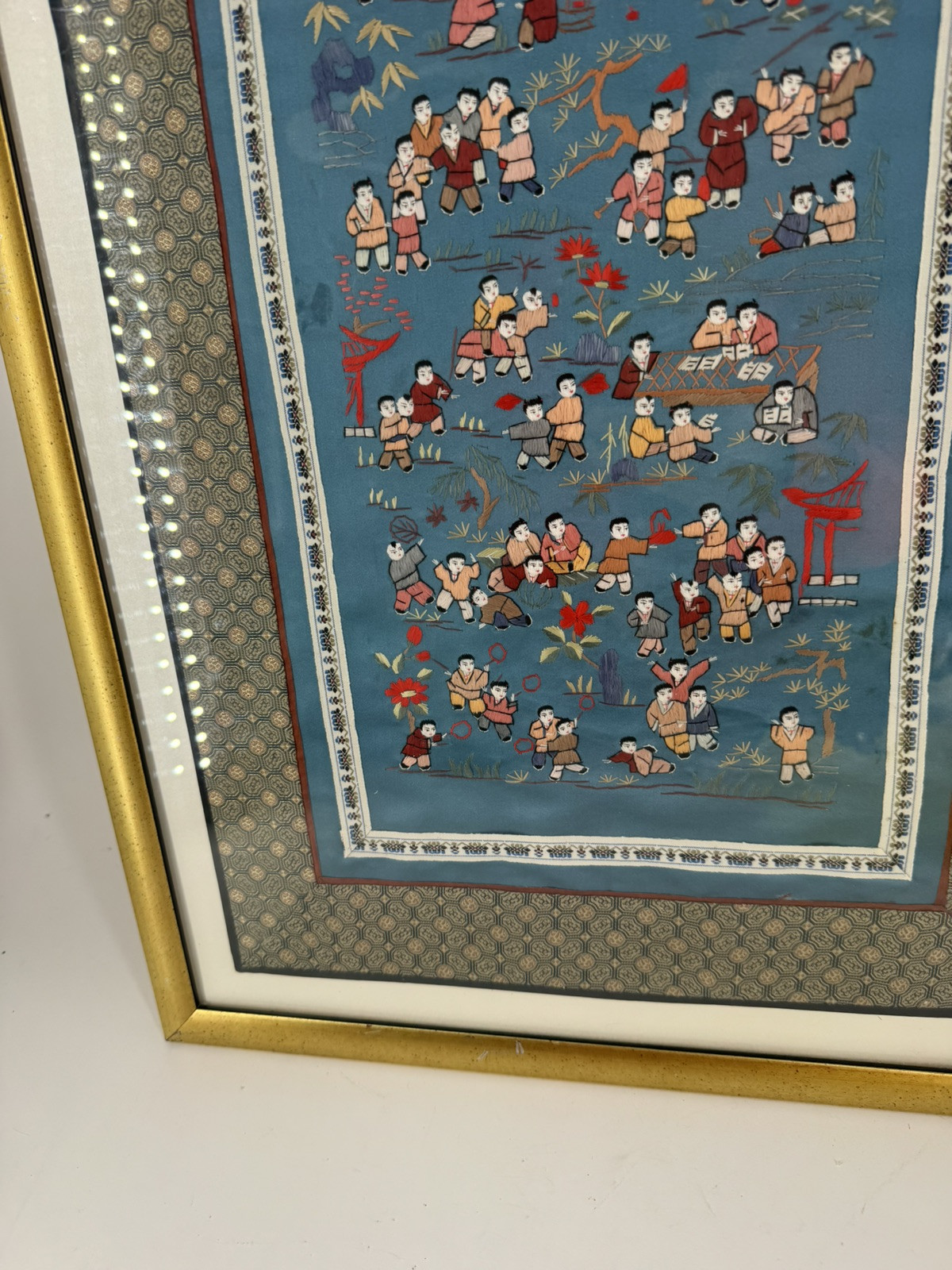 Chinese Silk Tapestry 100 Children At Play Embroidery Framed Art 16” x 29.5”