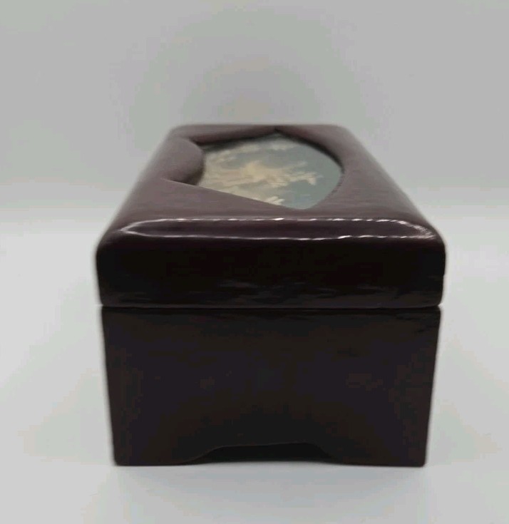 VTG San You Asian Jewelry Wood Box Diorama Cork Art Pagoda Scene Brass Lined