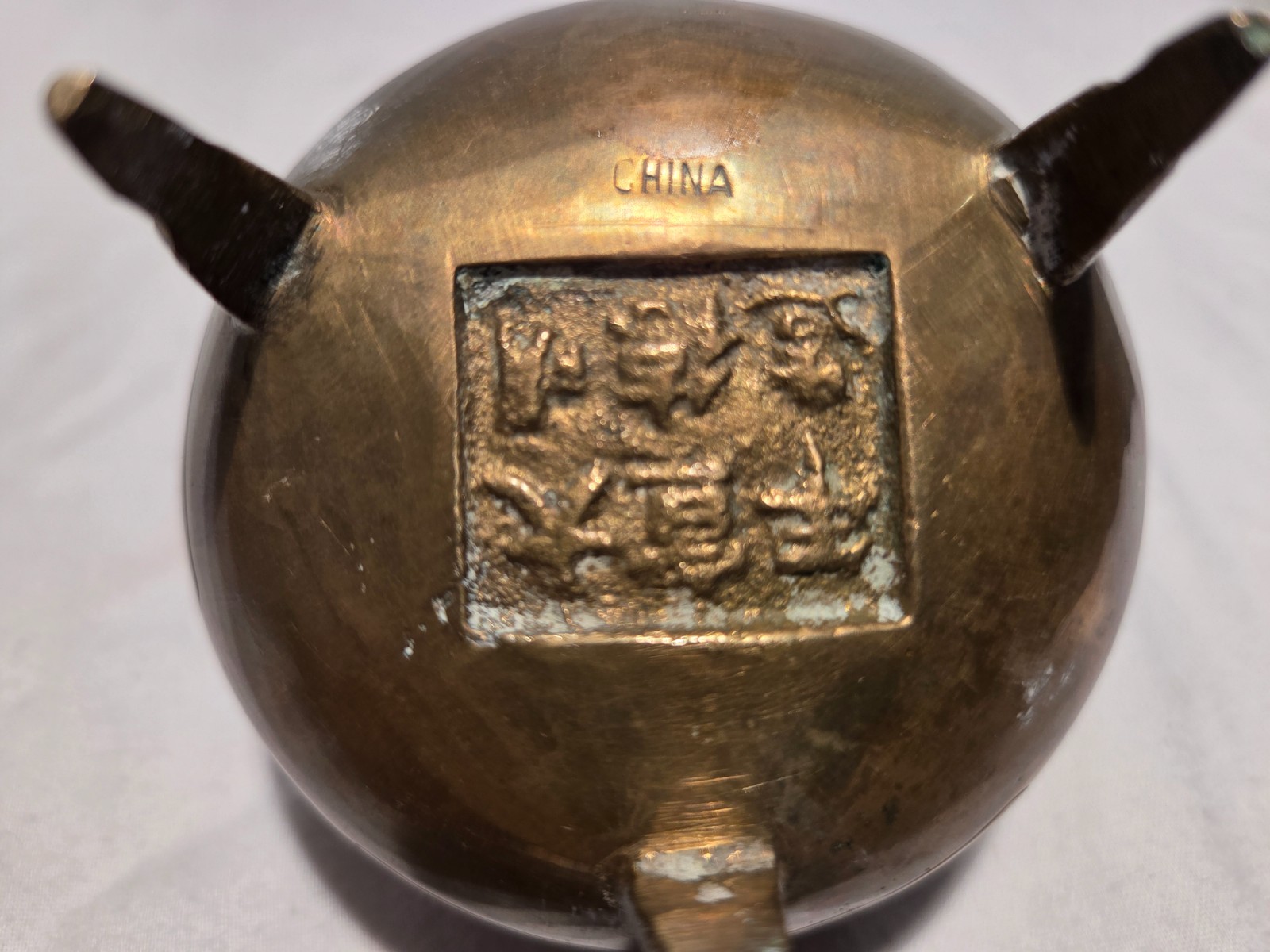 Vintage Marked & etched Chinese Brass Tri-Footed Incense Burner Holder