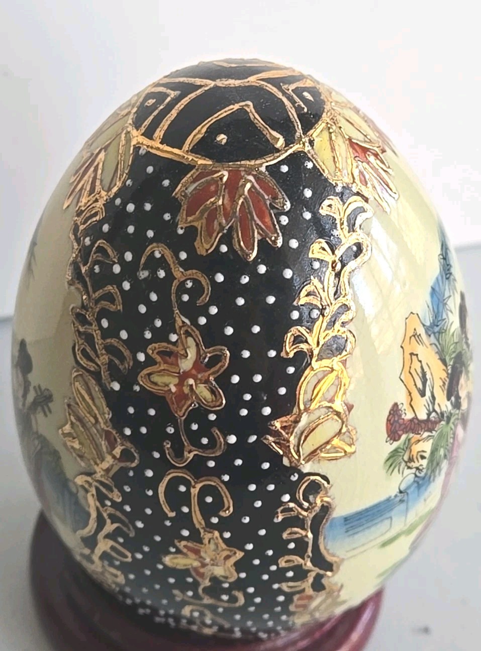VTG Hand-Painted Oriental Porcelain Egg 4.5″ Mythological Design + Stand