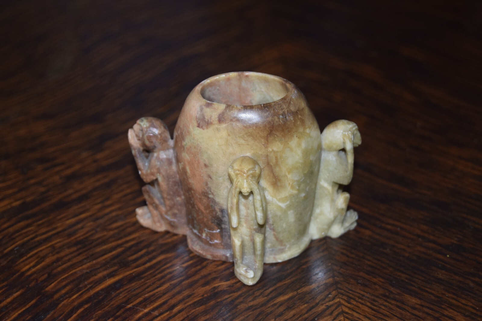 Vintage Soapstone Carved Toothpick Holder Cup Monkeys See, Hear , Speak no Evil