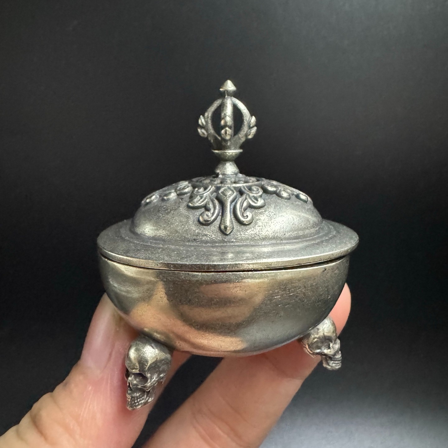 White Copper Skull Kapala Incense Burner Vajra Ritual Meditation Censer Bowl