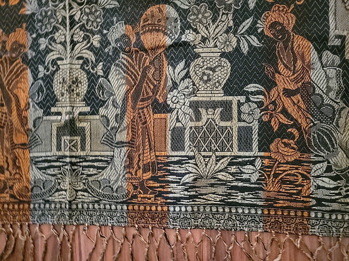 Vintage Asian Brocade Floral Silk Tapestry Bedcover Fringe Double Sided