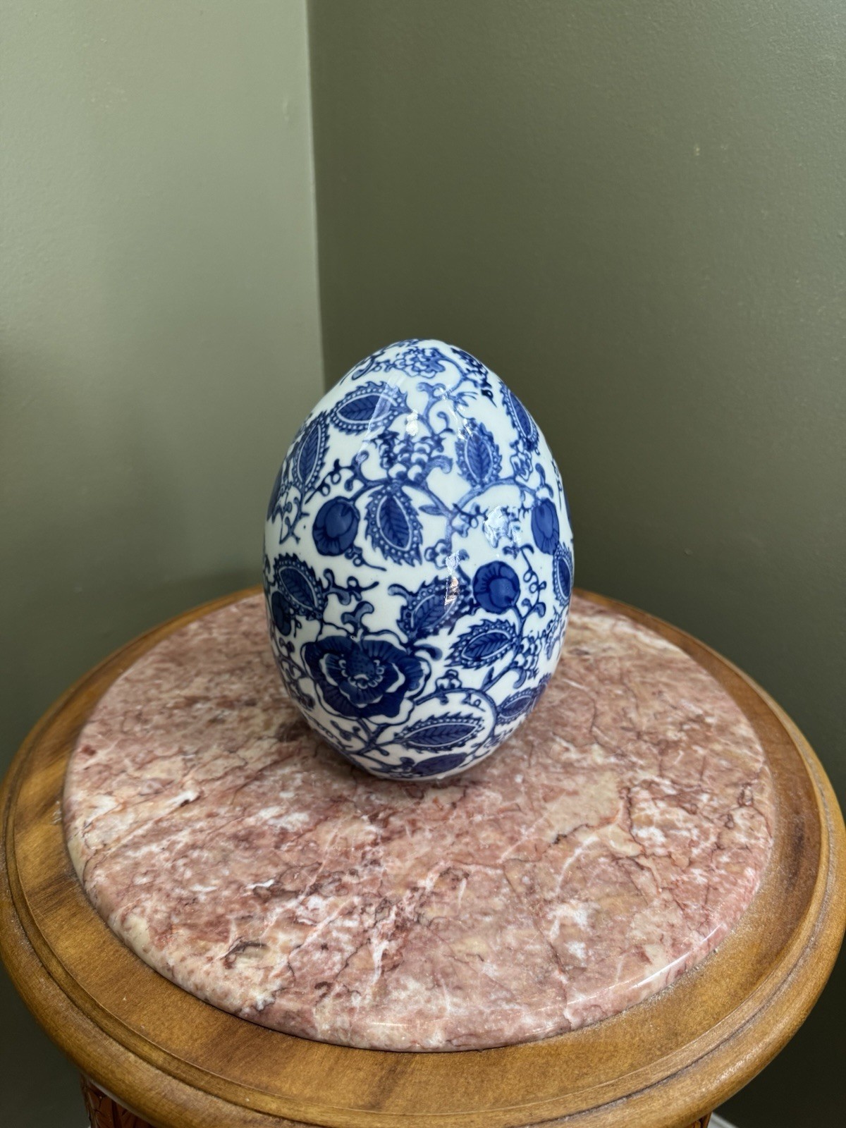 Large 8” Tall vintage blue and white Chinese porcelain egg
