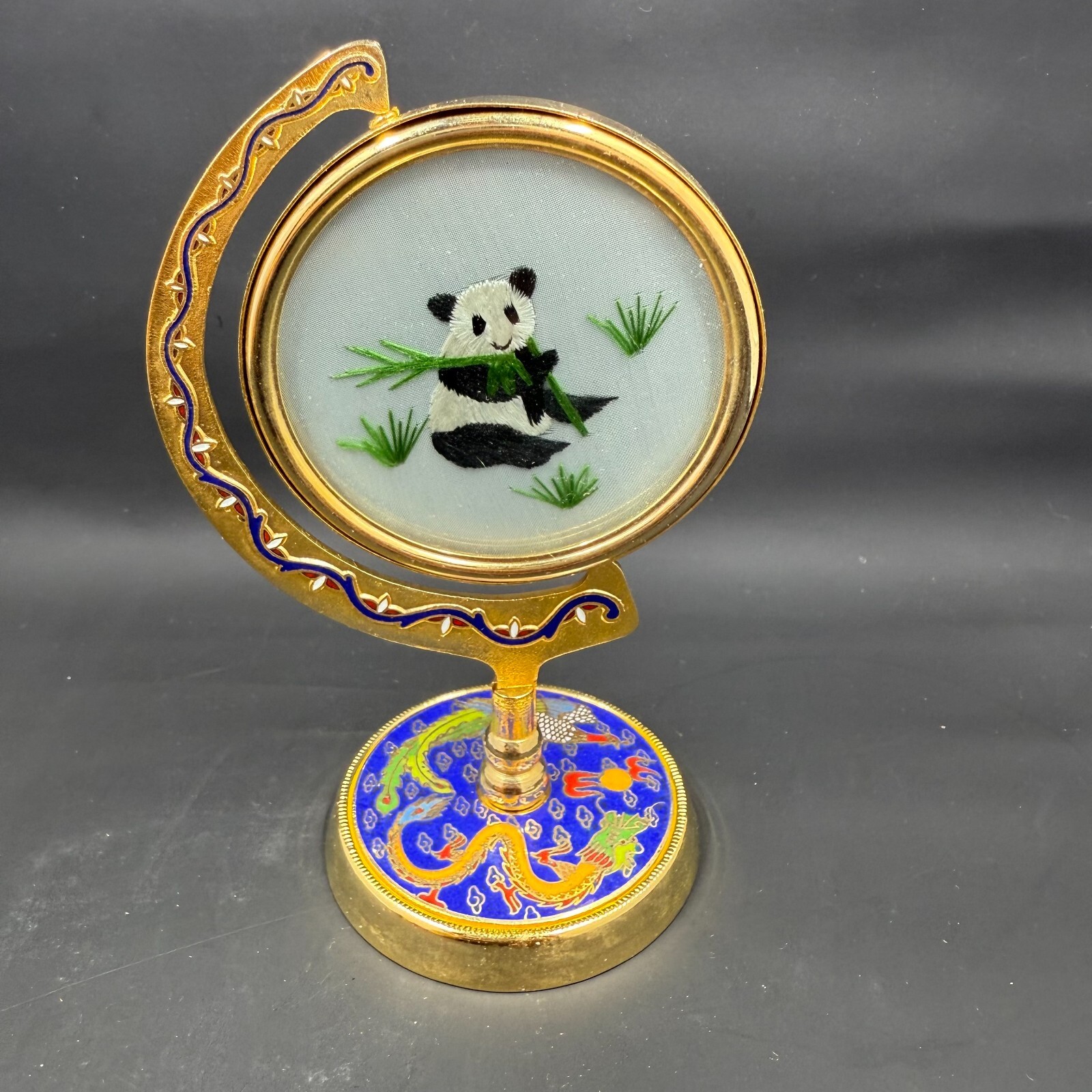 Vintage Suzhou Chinese Silk Embroidered Panda Cloisonné Enamel Metal Stand