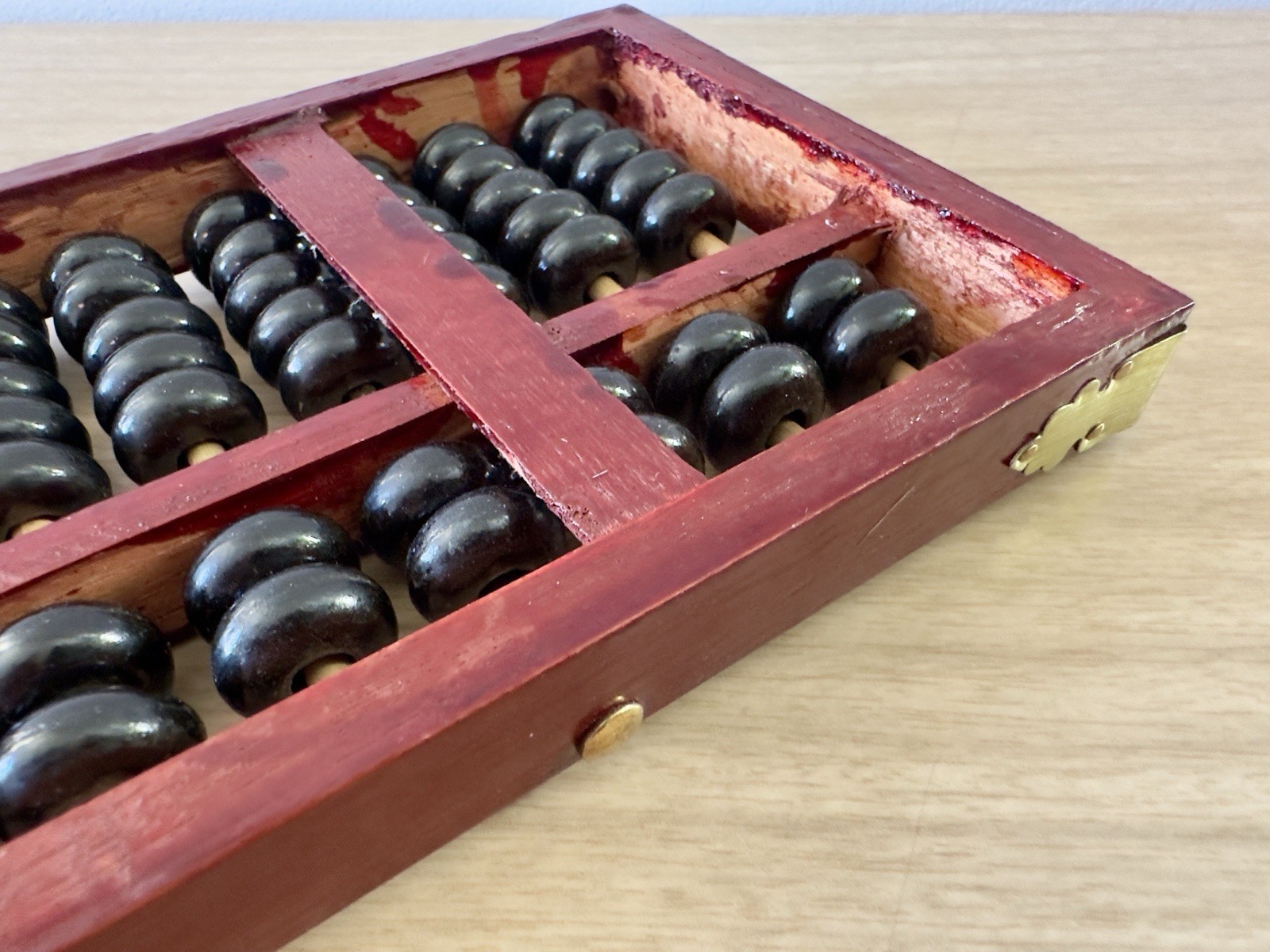Vintage Wooden Abacus Black Beads Brass Hardware Mid Century MCM Decor 11.5in