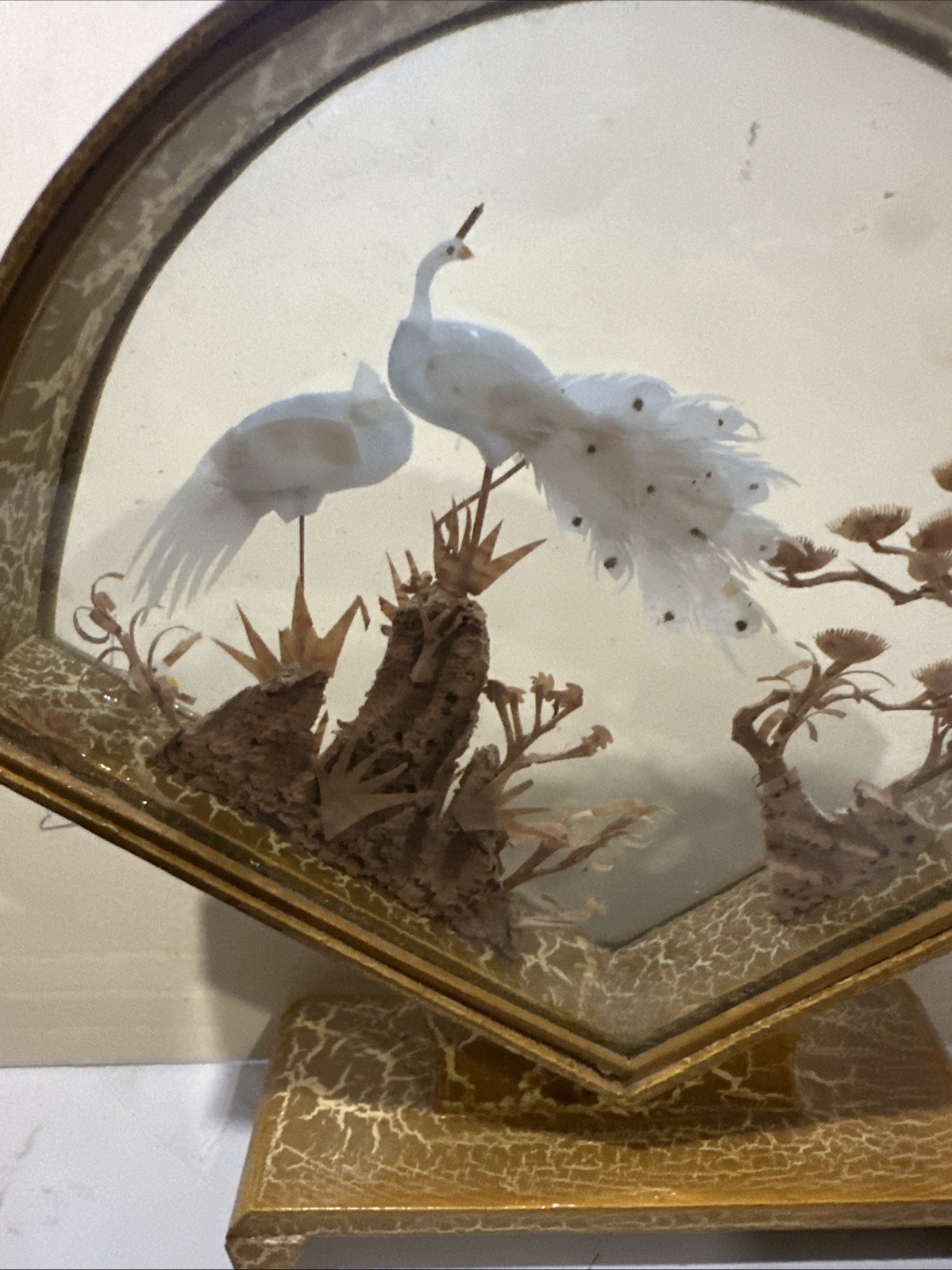 Asian Diorama Shadow Box Cork Sculpture Peacocks Hand Carved Gold Tone Frame Vtg