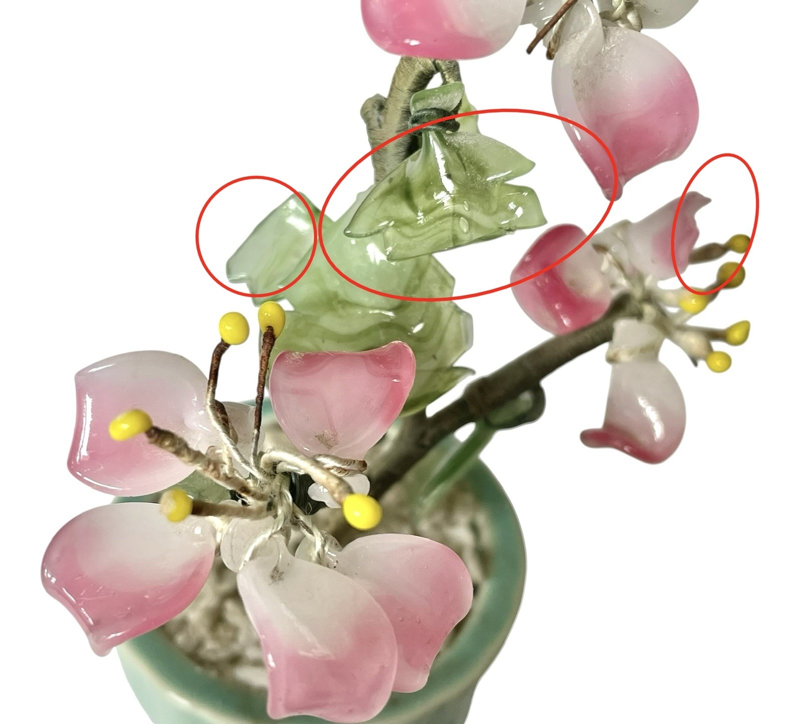 Lot of 3 Vintage Mini Jade Glass Flower Bonsai Tree Celadon Green Pot 3”