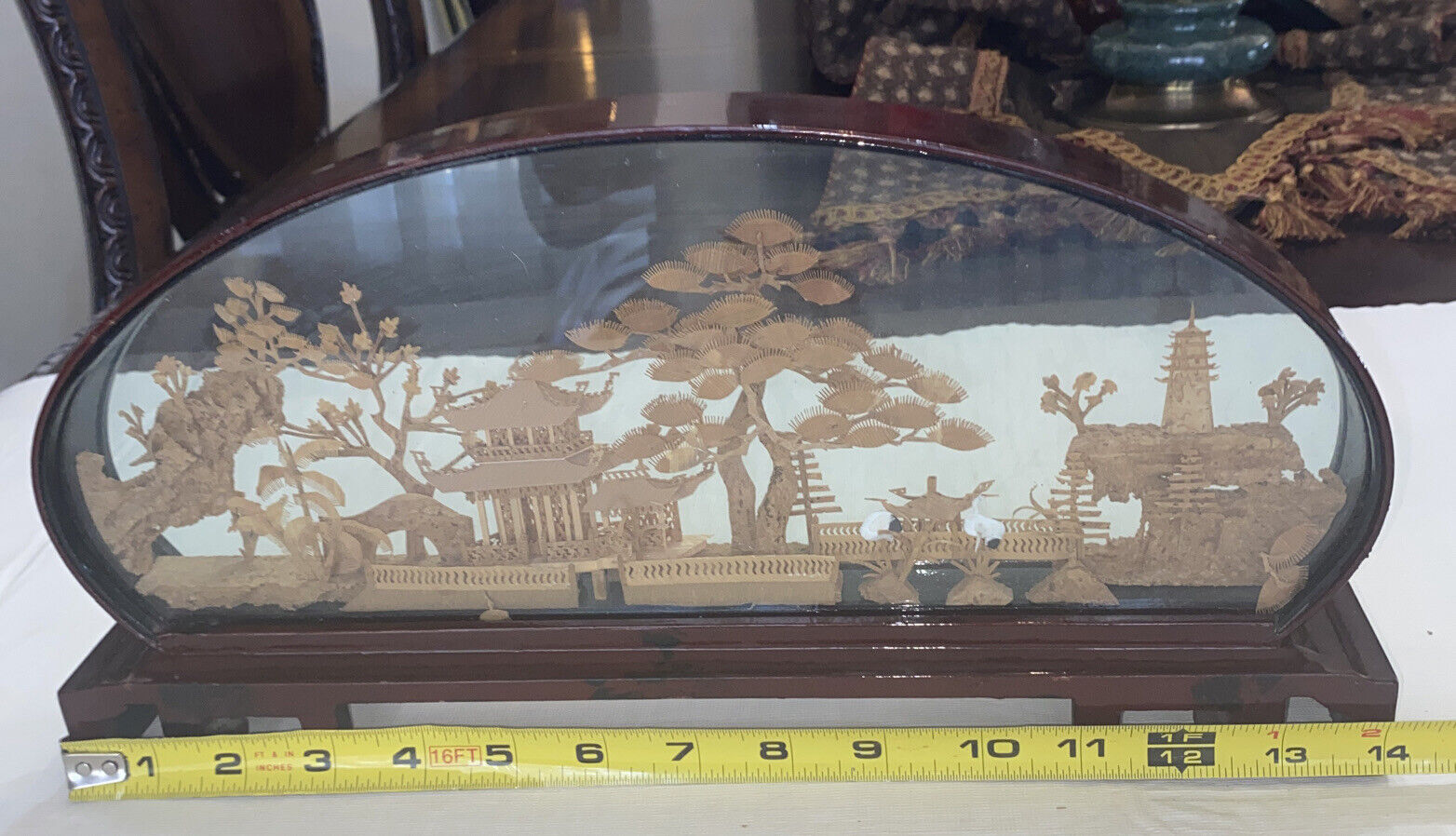 Vintage Large Chinese Cork Art In Glass Box Birds Garden Soothing Scenery 14” L