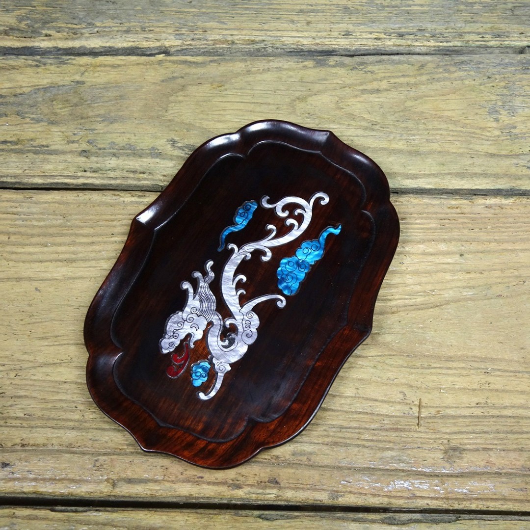 Vintage Sandalwood Inlaid Abalone Dragon Tea Tray Decor 18.5cm