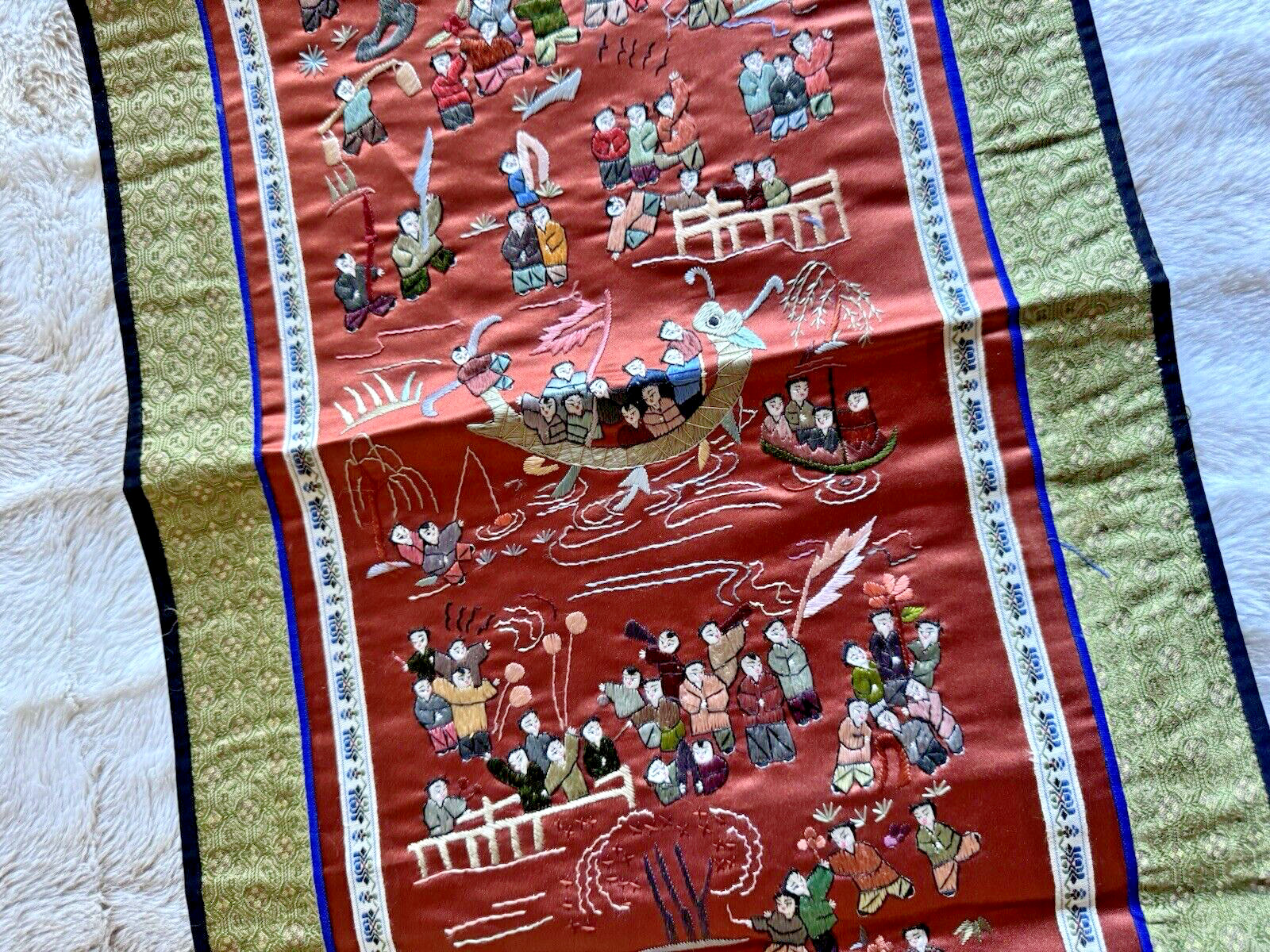 Vintage 26″ x 13″ Chinese Silk Embroidery “100 Children Playing” unframed EUC