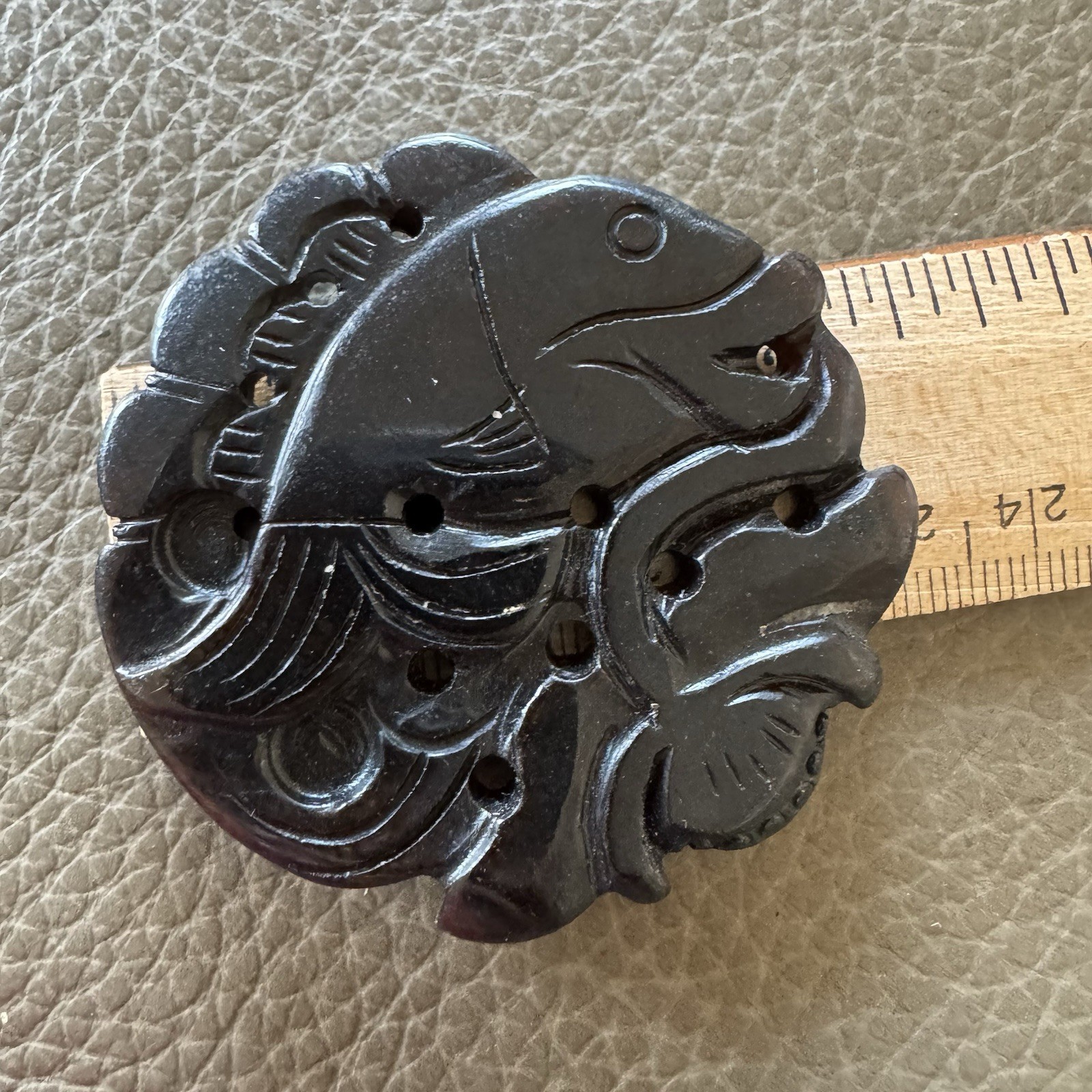Vintage Chinese Carved Black Onyx Pi Donut Pendant Fish Motif