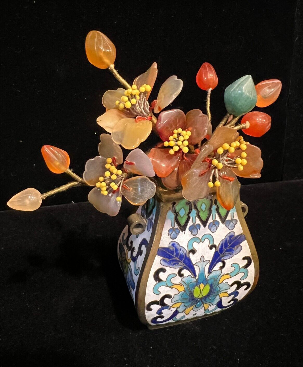 Miniature Antique Chinese Carnelian Quarts Jade Flower Tree in Cloisonne Pot