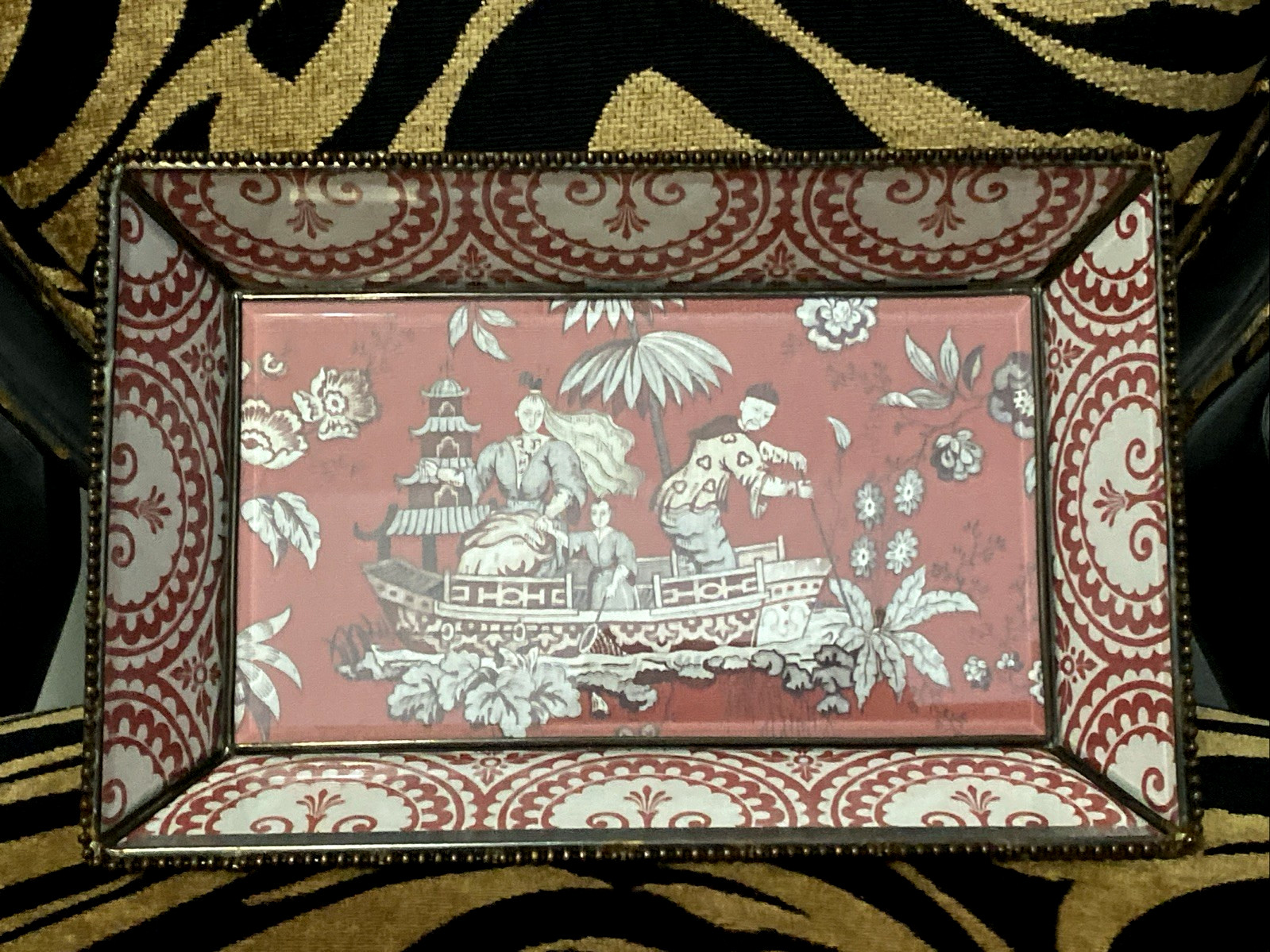 Vintage Chinoiserie Leaded glass Tray Chinese Culture Designs Reddish Pink