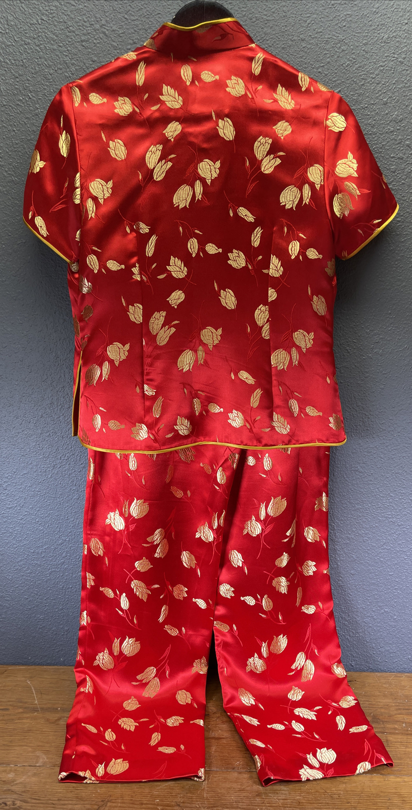 Chinese New Year Red Gold Silk Floral Top Zip Pant Outfit Womens Size M